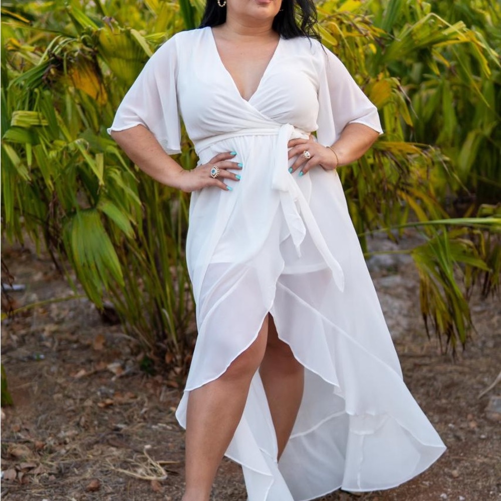 DRESS DAY white chiffon Midi Dres. Size Small, bell sleeve, crossbody.
